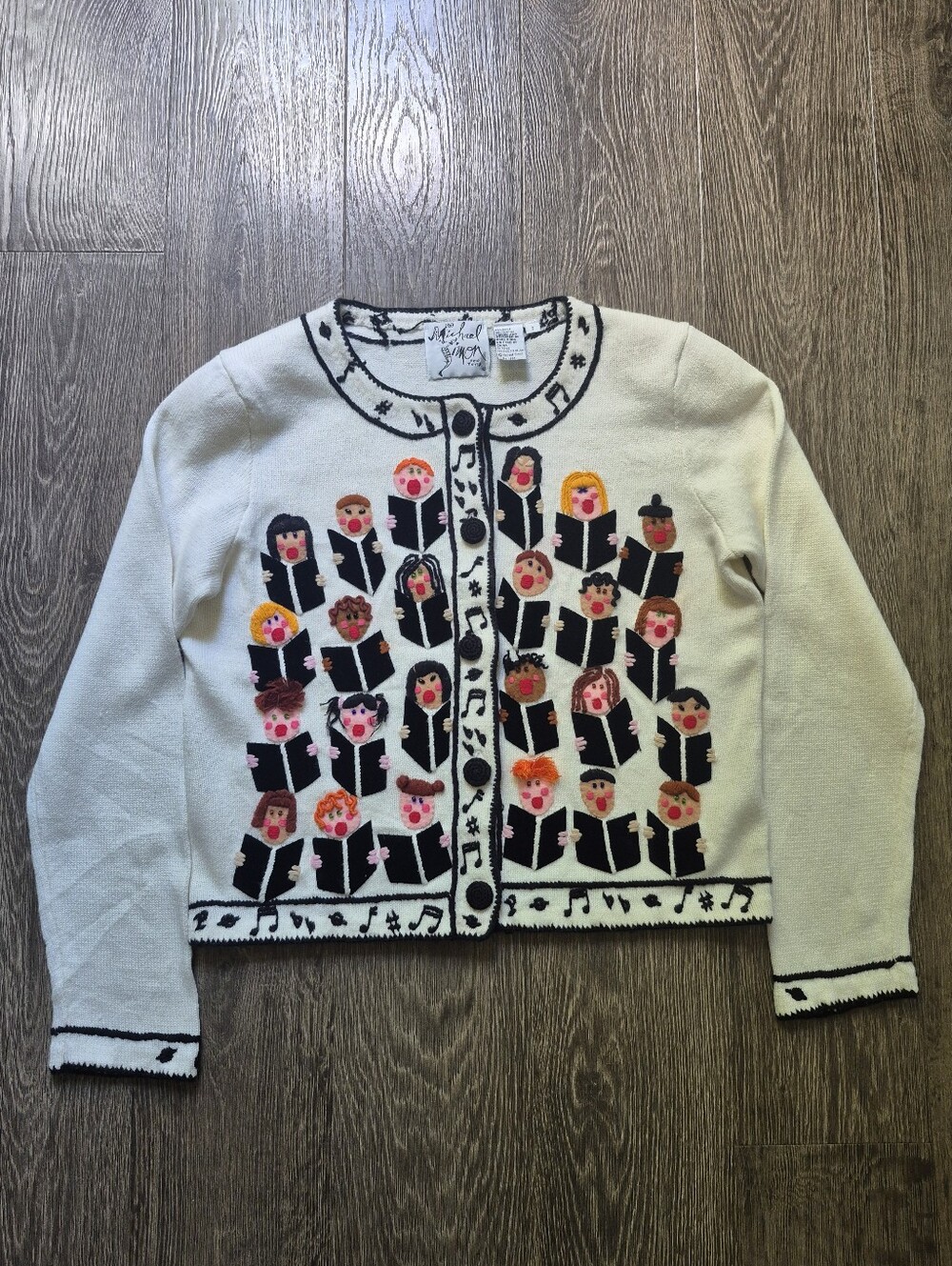 Michael Simon Cream Cardigan with Multicolor Choir Appliqué Vintage